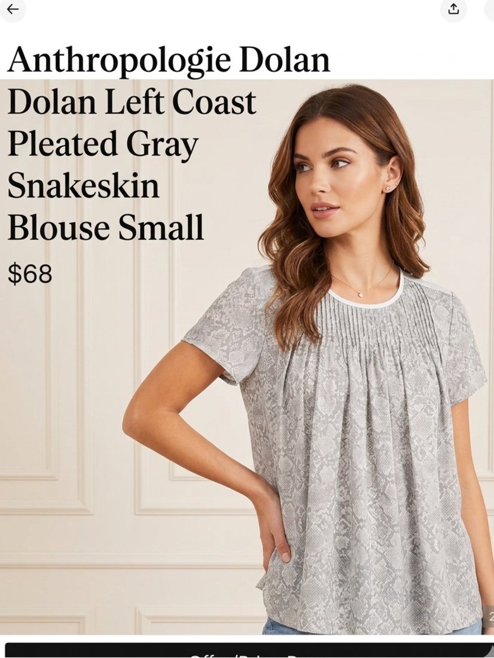 Anthropologie Dolan Left Coast Pleated Gray Snakeskin Blouse Small